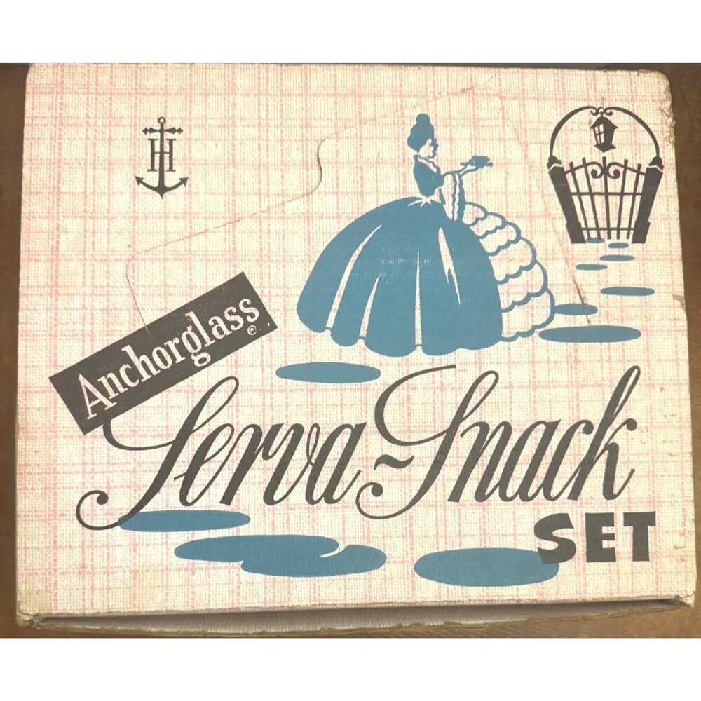 Anchor Hocking AnchorGlass Serva-Snack Set  4 Serving Trays & 4 Cups  Vintage